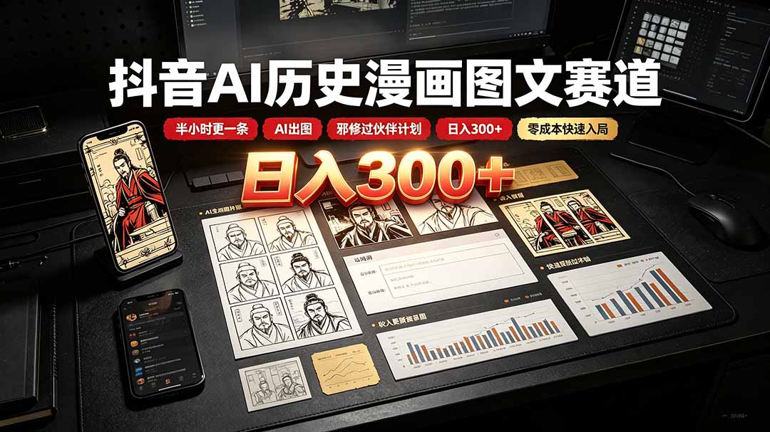 抖音AI历史漫画图文赛道：半小时更一条×AI出图×邪修过伙伴计划×日入300+，零成本快速入局-摇钱树
