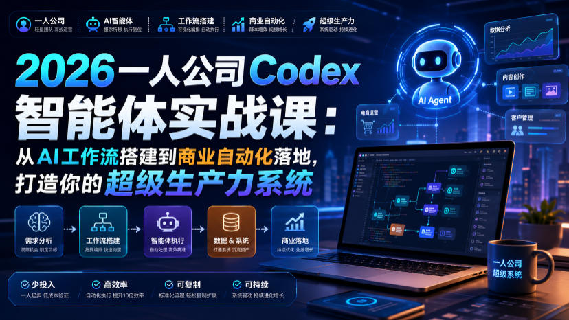 2026一人公司Codex智能体实战课：从AI工作流搭建到商业自动化落地，打造你的超级生产力系统-超级个体网赚