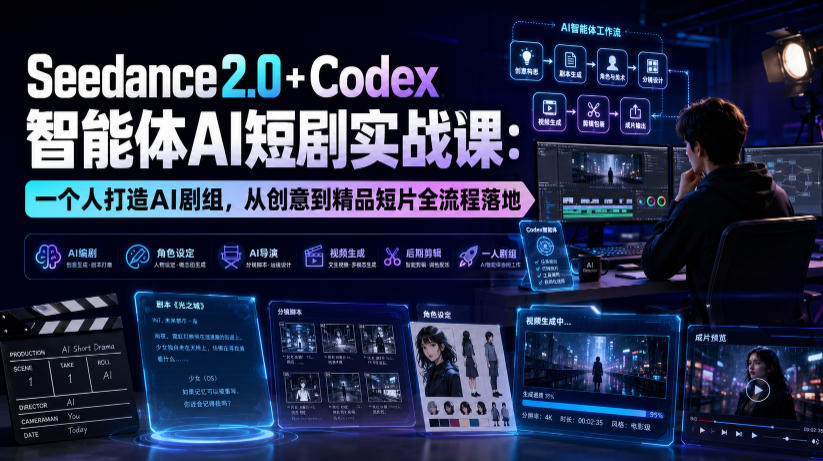 Seedance2.0+Codex智能体AI短剧实战课:一个人打造AI剧组,从创意到精品短片全流程-摇钱树