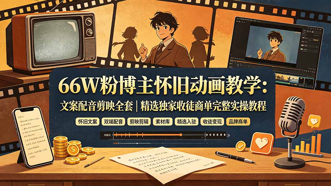 66W粉博主怀旧动画教学:文案配音剪映全套|精选独家收徒商单完整实操教程-摇钱树