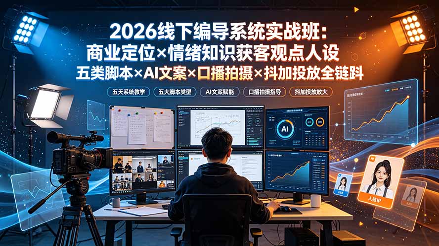 2026线下编导系统实战班:商业定位×情绪知识获客观点人设五类脚本×AI文案×口播拍摄×抖加投放全链路-摇钱树