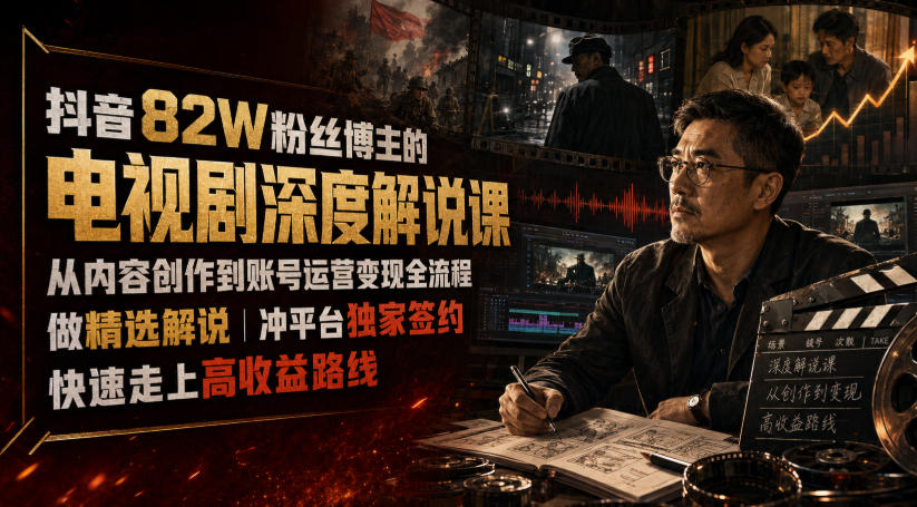 抖音82W粉丝博主的电视剧深度解说课，从内容创作到账号运营变现全流程，做精选解说，冲平台独家签约，快速走上高收益路线-摇钱树