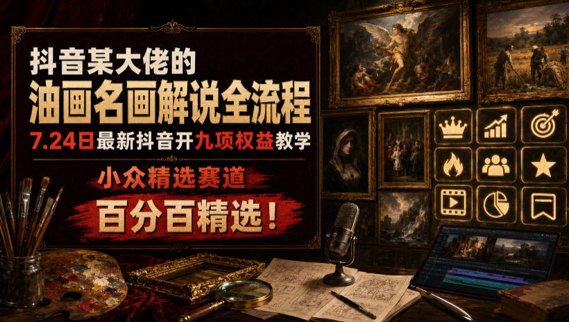 抖音某大佬的油画名画解说全流程,7.24日最新抖音开九项权益教学,小众精选赛道,百分百精选!-超级个体网赚