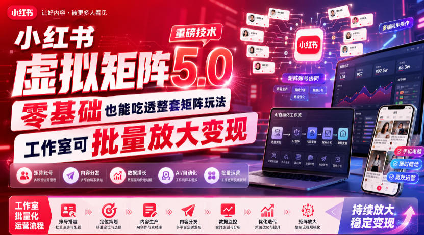小红书虚拟矩阵5.0重磅技术，零基础也能吃透整套矩阵玩法，工作室可批量放大变现-摇钱树