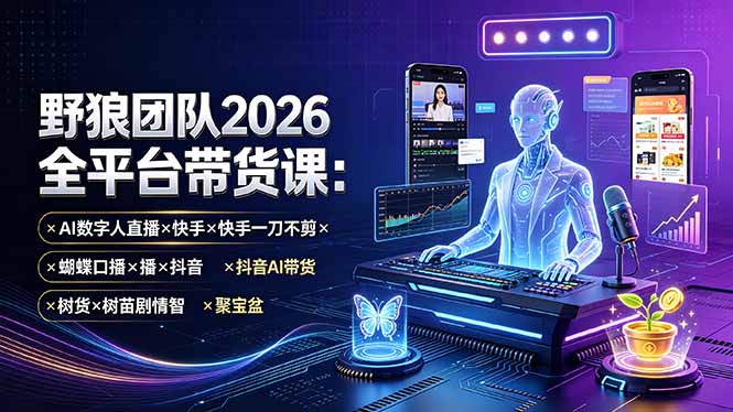 野狼团队2026全平台带货课-7月:AI数字人直播×快手一刀不剪×蝴蝶口播×抖音AI带货×树苗剧情智剪×聚宝盆-超级个体网赚