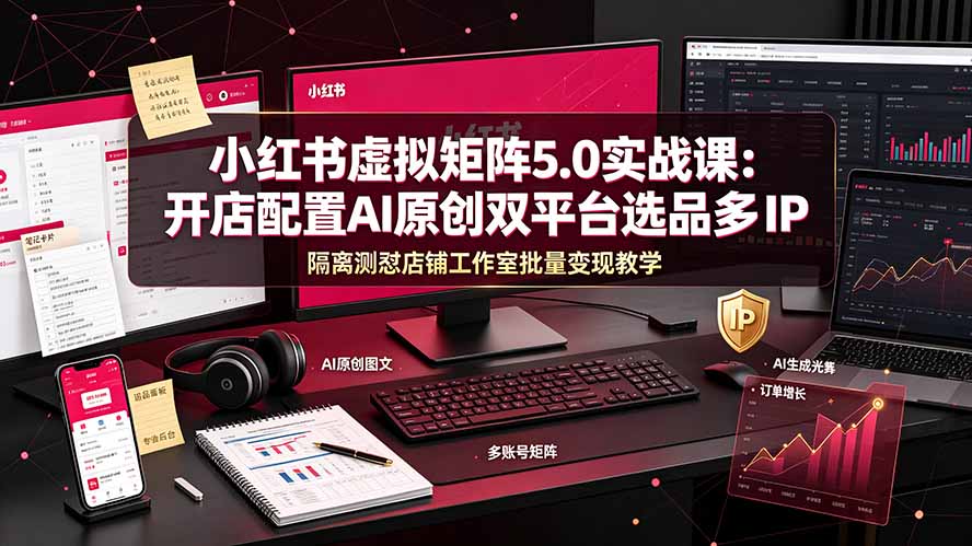 小红书虚拟矩阵5.0实战课:开店配置|AI原创|双平台选品|多IP隔离|测怼店铺工作室批量变现实操教学-摇钱树