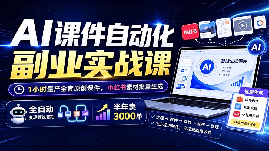 AI课件自动化副业实战课:1小时量产全套原创课件×小红书素材批量生成×全自动变现管线×半年卖3000单-摇钱树