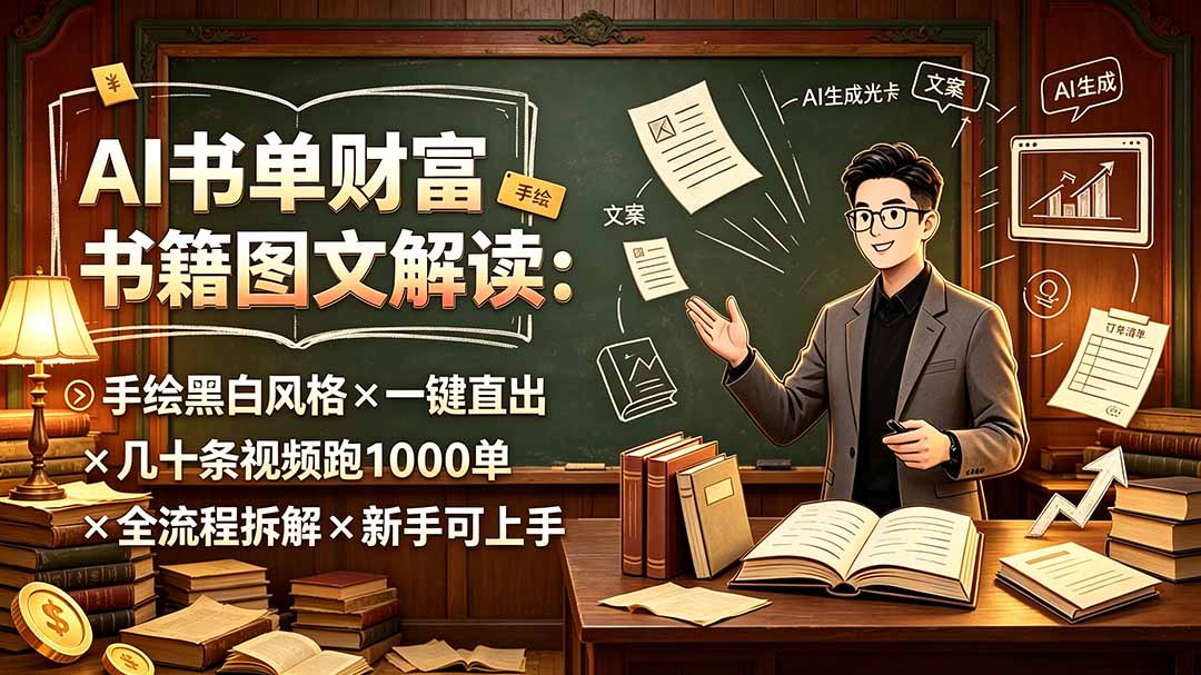 AI书单财富书籍图文解读:手绘黑白风格×一键直出×几十条视频跑1000单×全流程拆解×新手可上手-摇钱树
