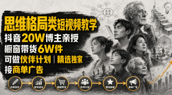 人性思维格局类短视频教学,抖音20W博主亲授,橱窗带货6W件,可做伙伴计划、精选独家、接商单广告-摇钱树