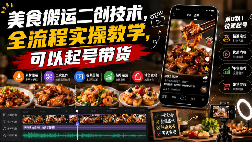 美食搬运二创技术,全流程实操教学,可以起号带货-超级个体网赚