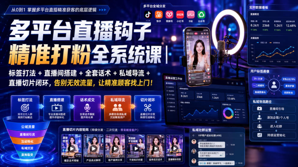 多平台直播钩子精准打粉全系统课|标签打法+直播间搭建+全套话术+私域导流+直播切片闭环,告别无效流量,让精准顾客找上门!-超级个体网赚