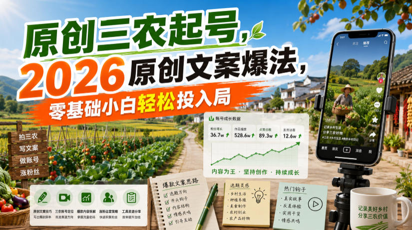 原创三农起号，2026原创文案爆法，零基础小白轻松投入局-超级个体网赚