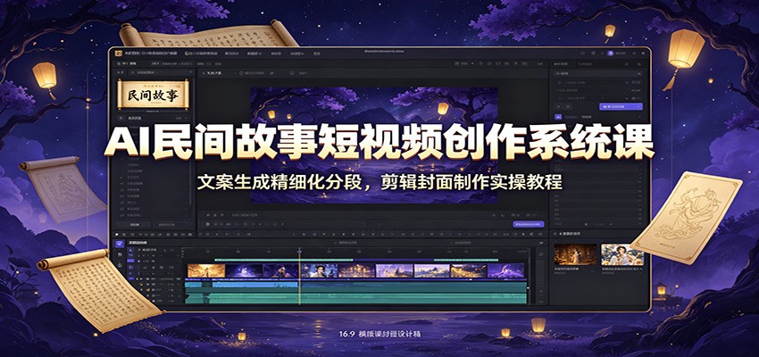 AI民间故事短视频创作系统课:文案生成精细化分段,剪辑封面制作实操教程-摇钱树