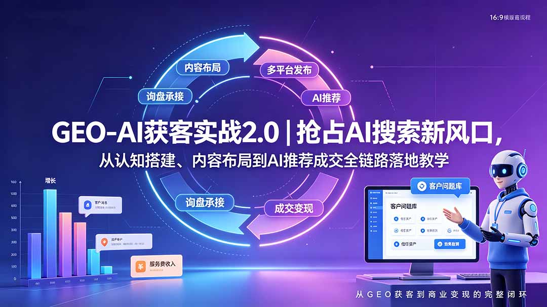 GEO-AI获客实战|抢占AI搜索新风口,从认知搭建、内容布局到AI推荐成交全链路落地教学-摇钱树