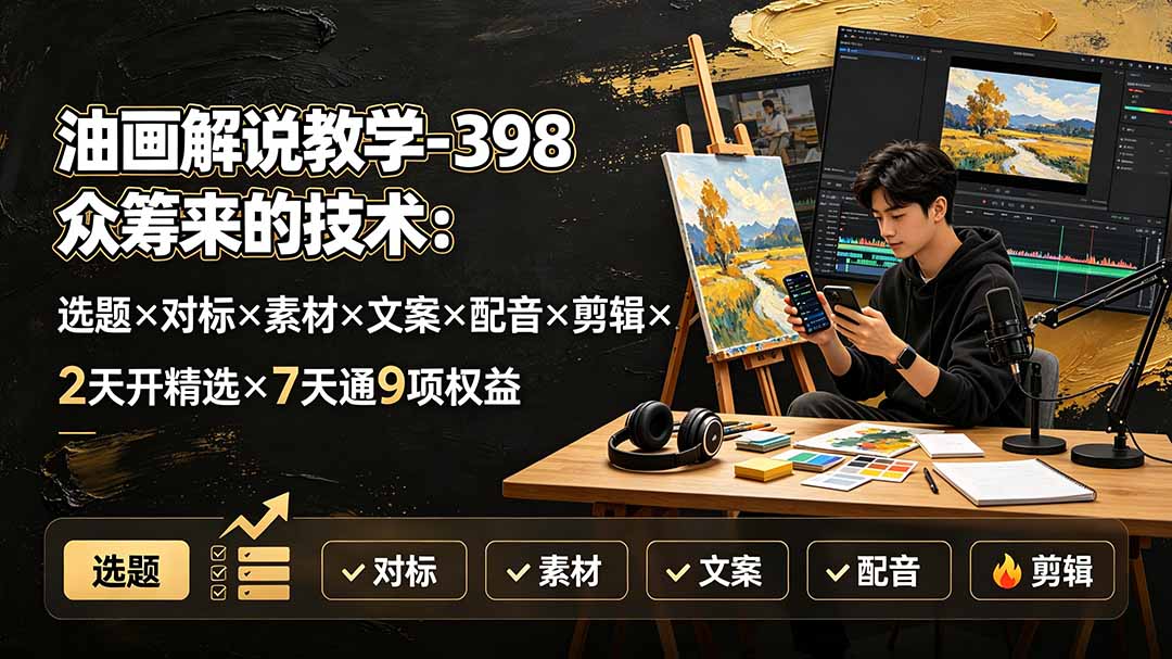 油画解说教学-398众筹来的技术：选题×对标×素材×文案×配音×剪辑×2天开精选×7天通9项权益-摇钱树