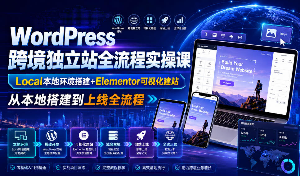 WordPress跨境独立站全流程实操课|Local本地环境搭建+Elementor可视化建站,从本地搭建到上线全流程-摇钱树