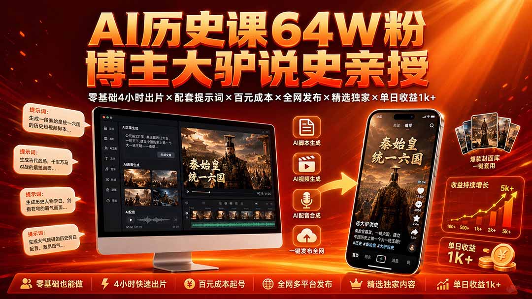 AI历史课64W粉博主大驴说史亲授:零基础4小时出片×配套提示词×百元成本×全网发布×精选独家×单日收益1k+-摇钱树