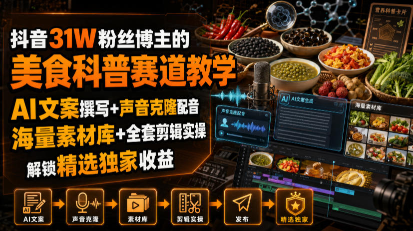 抖音31W粉丝博主的美食科普赛道教学,AI文案撰写+声音克隆配音+剪辑实操,解锁精选独家收益-摇钱树