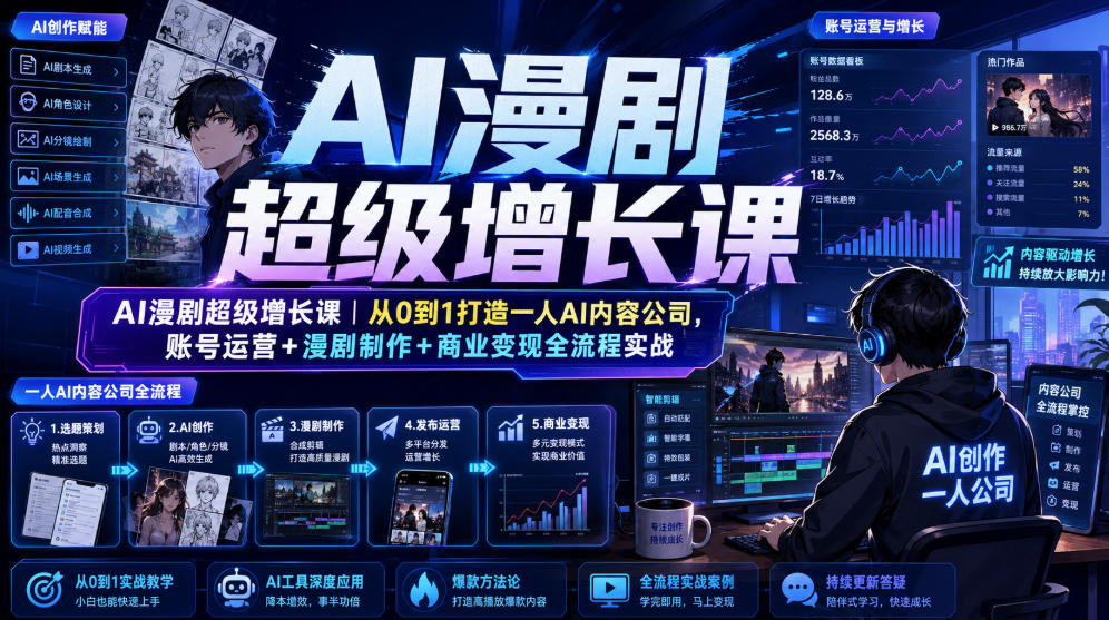 AI漫剧超级增长课|从0到1打造一人AI内容公司,账号运营+漫剧制作+商业变现全流程实战-摇钱树