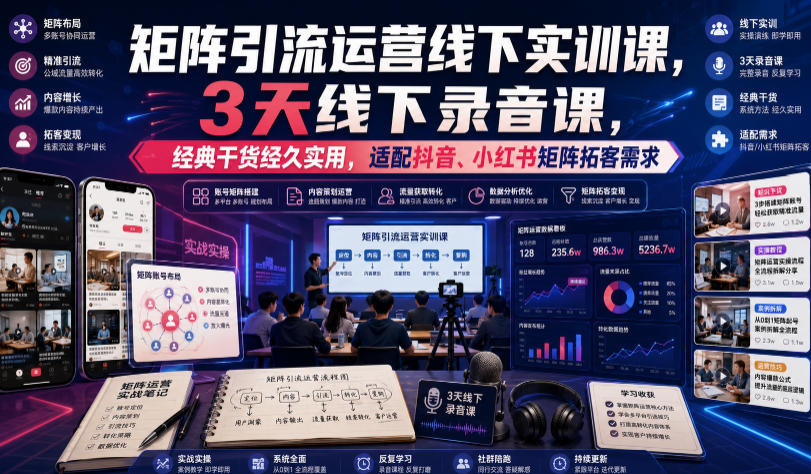 嗨推矩阵引流运营线下实训课,3天线下录音课,经典干货经久实用,适配抖音、小红书矩阵拓客需求-摇钱树