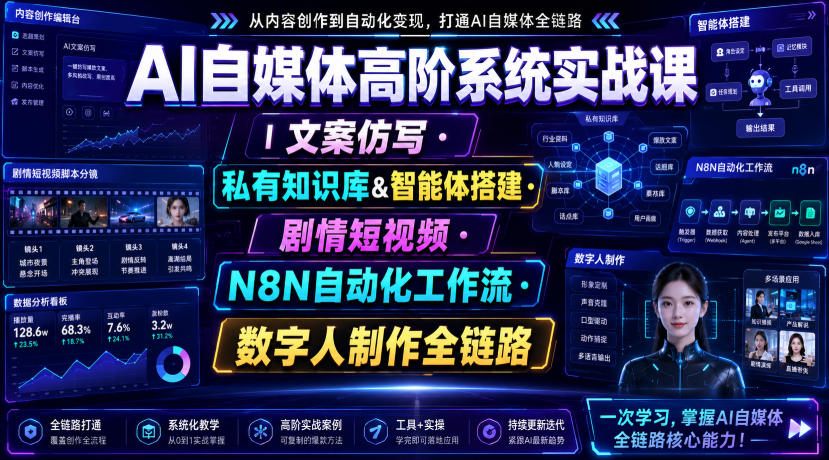 AI自媒体高阶系统实战课|文案仿写・私有知识库&智能体搭建・剧情短视频・N8N自动化工作流・数字人制作全链路-摇钱树