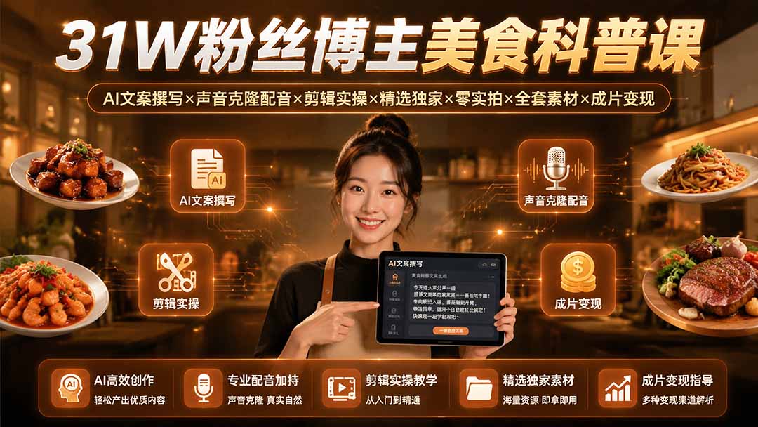 31W粉丝博主美食科普课:AI文案撰写×声音克隆配音×剪辑实操×精选独家×零实拍×全套素材×成片变现-超级个体网赚