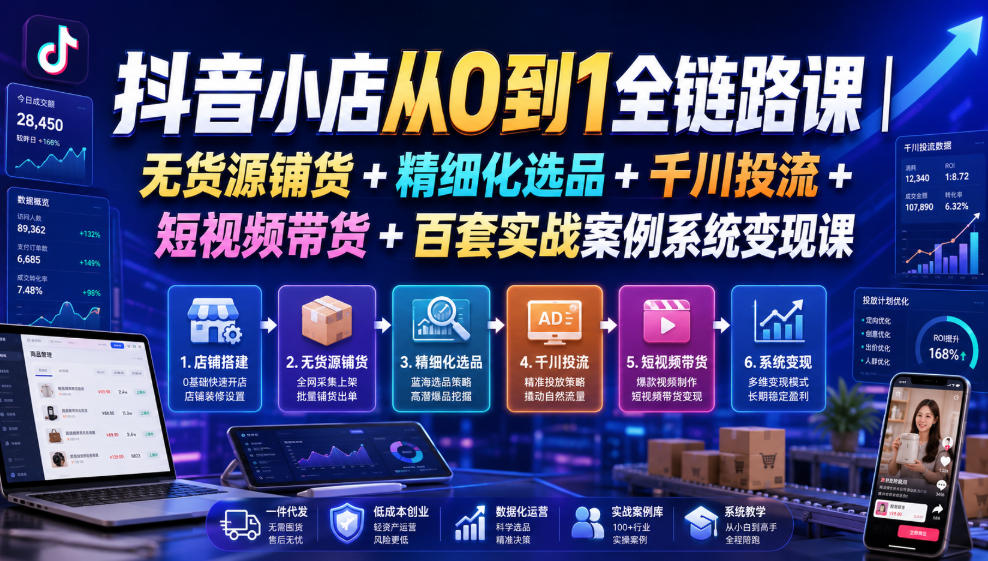 抖音小店从0到1全链路课|无货源铺货+精细化选品+千川投流+短视频带货+百套实战案例系统变现课(2026年7月更新)-徕钱快