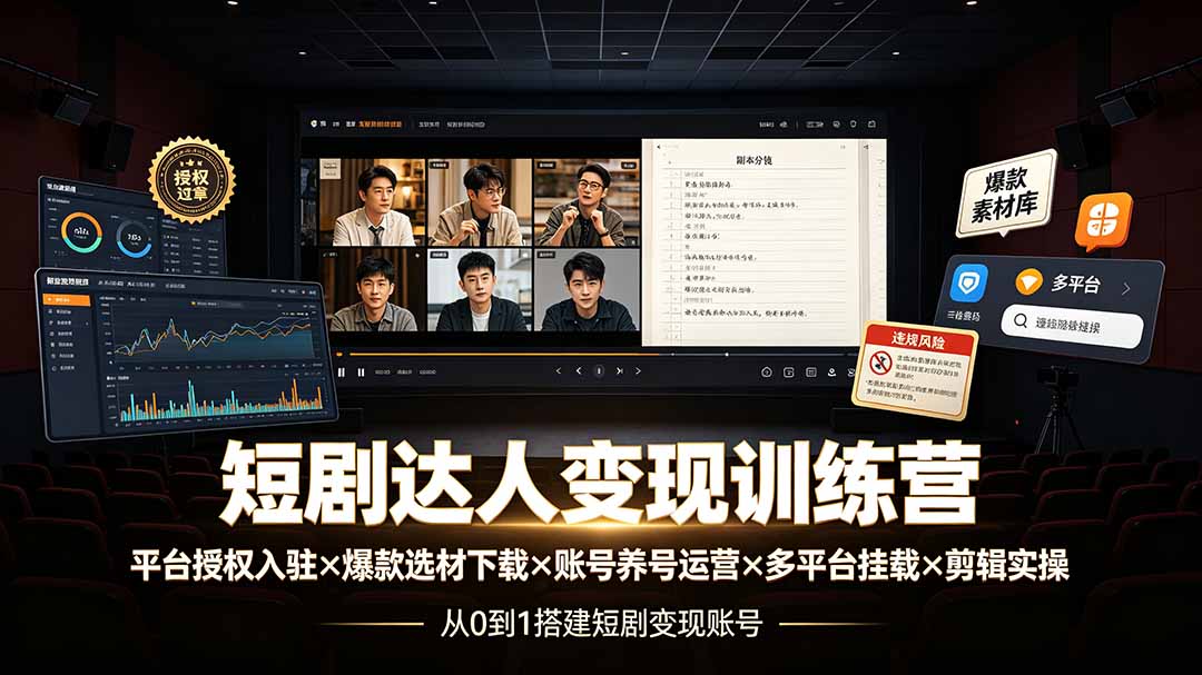短剧达人变现训练营:平台授权入驻×爆款选材下载×账号养号运营×多平台挂载×剪辑实操×违规处理全流程-摇钱树
