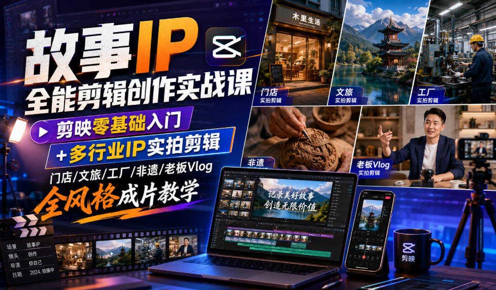 故事IP全能剪辑创作实战课｜剪映零基础入门+多行业IP实拍剪辑，门店/文旅/工厂/非遗/老板Vlog全风格成片教学-摇钱树