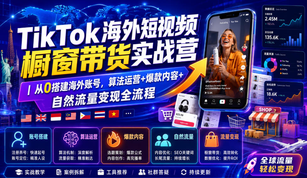TikTok海外短视频橱窗带货实战营|从0搭建海外账号,算法运营+爆款内容+自然流量变现全流程-徕钱快