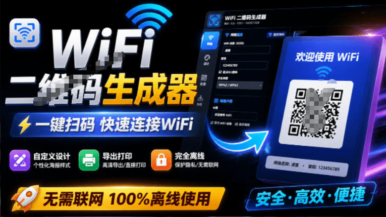 完全离线使用!WiFi二维码生成器,一键扫码快速连接WiFi,支持自定义风格导出WiFi二维码生成器-摇钱树