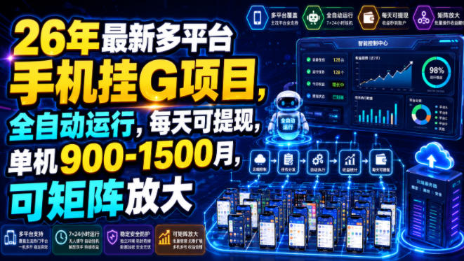 26年最新多平台手机挂G项目,全自动运行,每天可提现,单机900-1500月,可矩阵放大【揭秘】-摇钱树