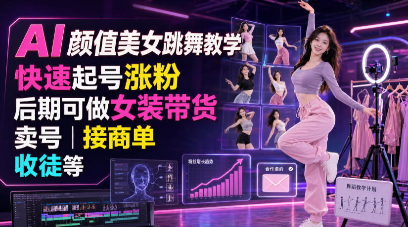AI颜值美女跳舞教学,快速起号涨粉,后期可做女装带货,卖号,接商单,收徒等-摇钱树