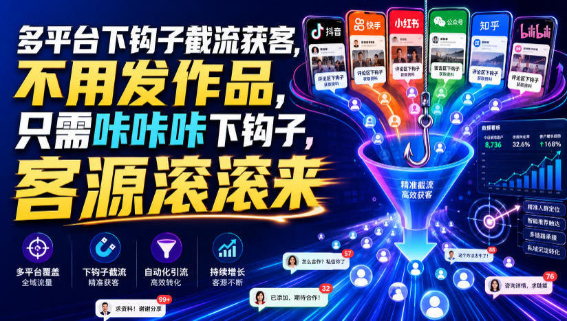 多平台下钩子截流获客,不用发作品,只需咔咔咔下钩子,客源滚滚来-摇钱树