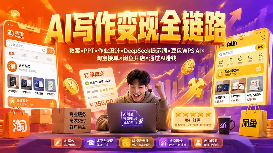 2026AI写作变现全链路:教案×PPT×作业设计×DeepSeek提示词×豆包WPS AI×淘宝接单×闲鱼开店×通过AI賺钱-摇钱树