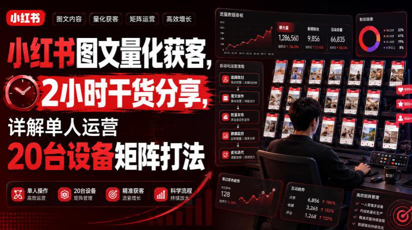 小红书图文量化获客,2小时干货分享,详解单人运营20台设备矩阵打法-摇钱树