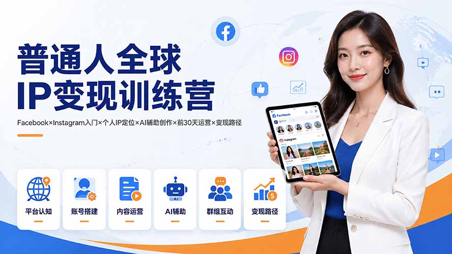 普通人全球IP变现训练营:Facebook×Instagram入门×个人IP定位×AI辅助创作×前30天运营×变现路径-阿鹏创业资源网