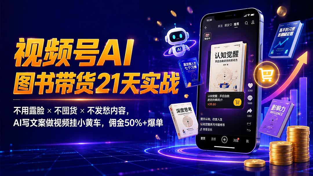 繁花视频号AI图书带货21天实战:不用露脸×不囤货×不发愁内容,AI写文案做视频挂小黄车,佣金50%+爆单-摇钱树