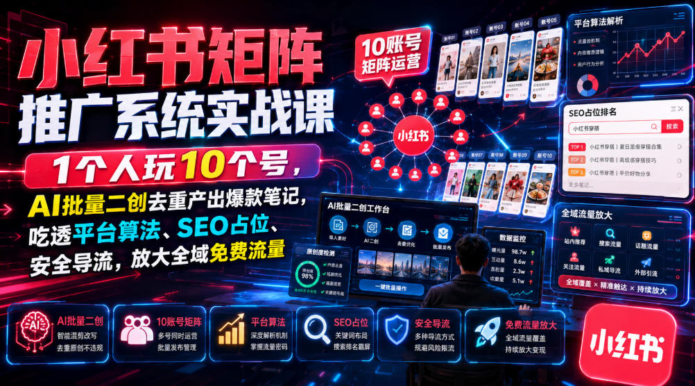 小红书矩阵推广系统实战课｜1个人玩10个号，AI批量二创去重产出爆款笔记，吃透平台算法、SEO占位、安全导流，放大全域免费流量-摇钱树