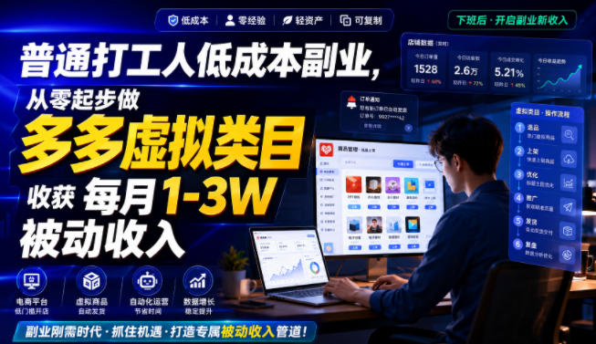 普通打工人低成本副业，从零起步做多多虚拟类目，收获每月1-3W被动收入【揭秘】-超级个体网赚
