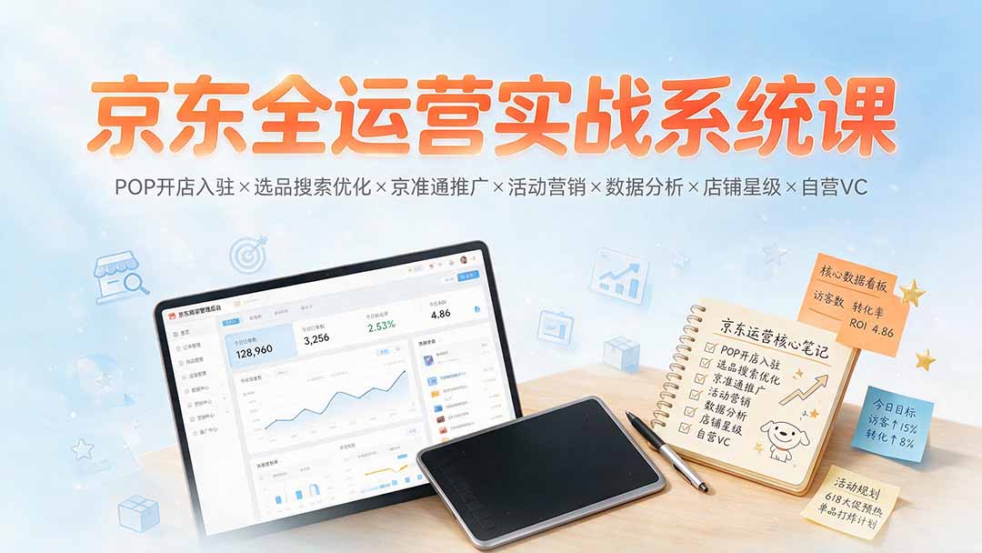 京东全运营实战系统课：POP开店入驻×选品搜索优化×京准通推广×活动营销×数据分析×店铺星级×自营VC-超级个体网赚