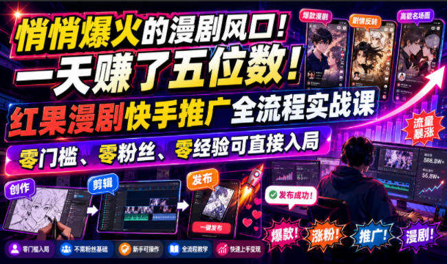 悄悄爆火的漫剧风口！一天賺了五位数！红果漫剧快手推广全流程实战课，零门槛、零粉丝、零经验可直接入局-景枢聚合