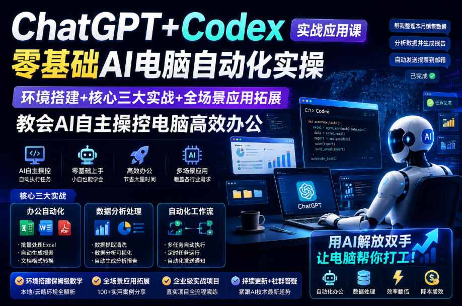 ChatGPT+Codex实战应用课｜零基础AI电脑自动化实操，环境搭建+核心三大实战+全场景应用拓展，教会AI自主操控电脑高效办公-喜上心头项目超市