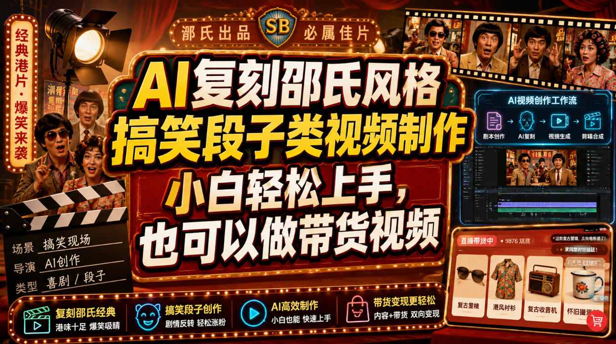 AI复刻邵氏风格搞笑段子类视频制作，小白轻松上手，也可以做带货视频-摇钱树