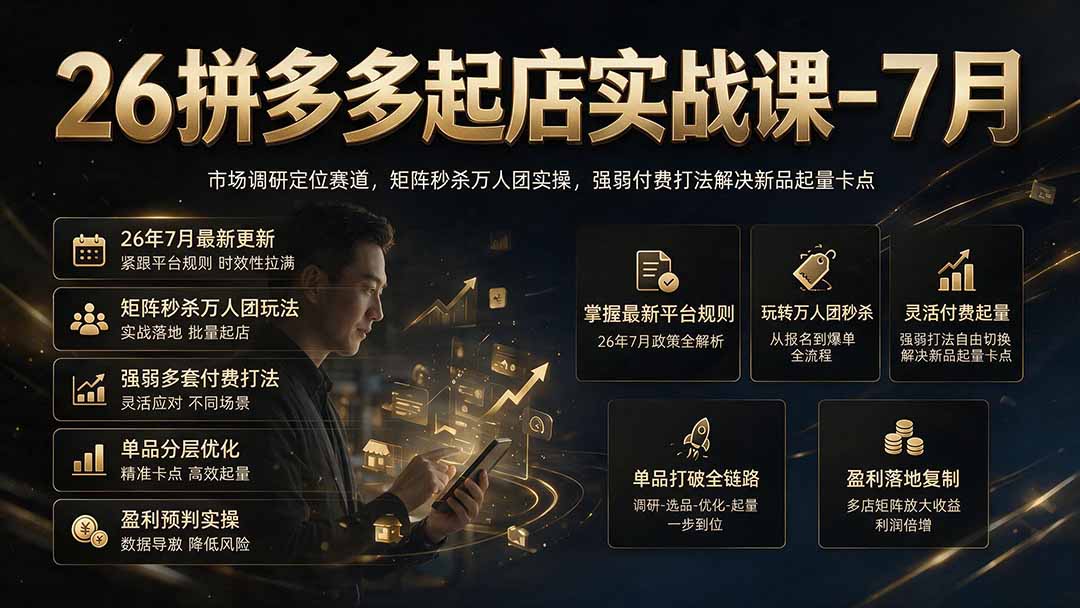 26拼多多起店实战课-7月｜市场调研定位赛道，矩阵秒杀万人团实操，强弱付费打法解决新品起量卡点-摇钱树