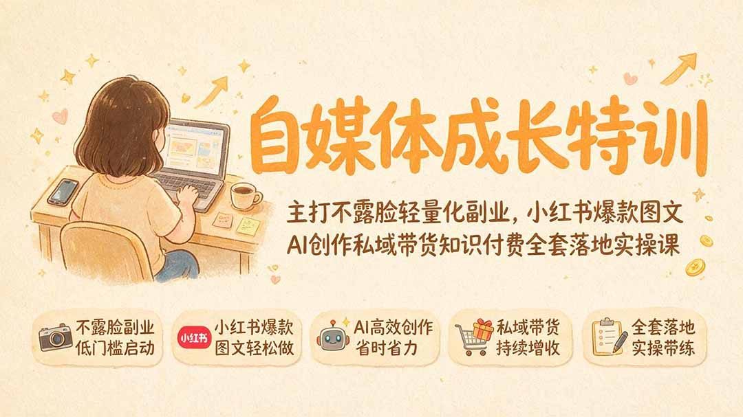 自媒体成长特训｜主打不露脸轻量化副业，小红书爆款图文AI创作私域带货知识付费全套落地实操课-摇钱树
