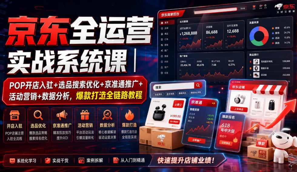 京东全运营实战系统课｜POP开店入驻+选品搜索优化+京准通推广+活动营销+数据分析，爆款打造全链路教程-摇钱树