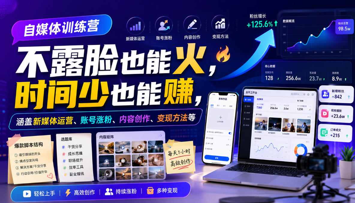 自媒体训练营，不露脸也能火，时间少也能賺，涵盖新媒体运营、账号涨粉、内容创作、变现方法等-摇钱树