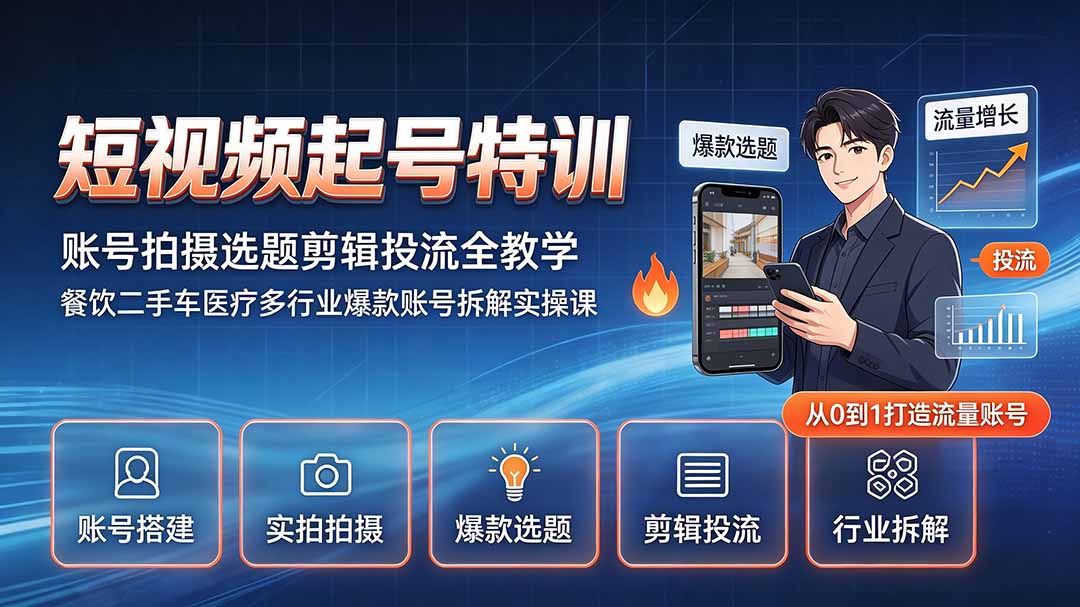 短视频起号特训｜账号拍摄选题剪辑投流全教学，餐饮二手车医疗多行业爆款账号拆解实操课-摇钱树