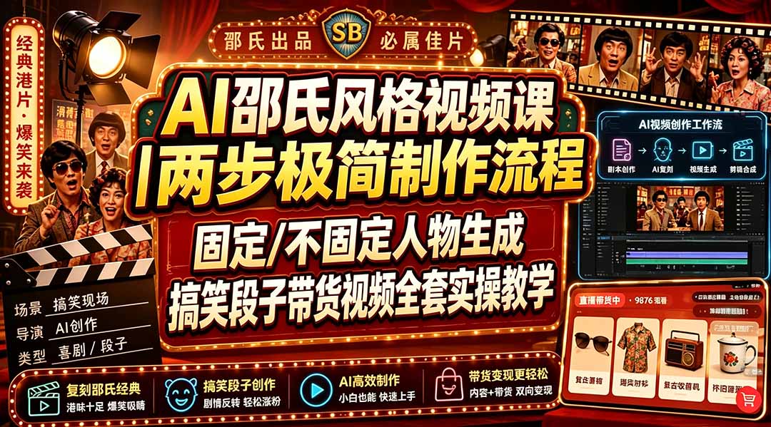 AI邵氏风格视频课｜两步极简制作流程，固定/不固定人物生成，搞笑段子带货视频全套实操教学-摇钱树